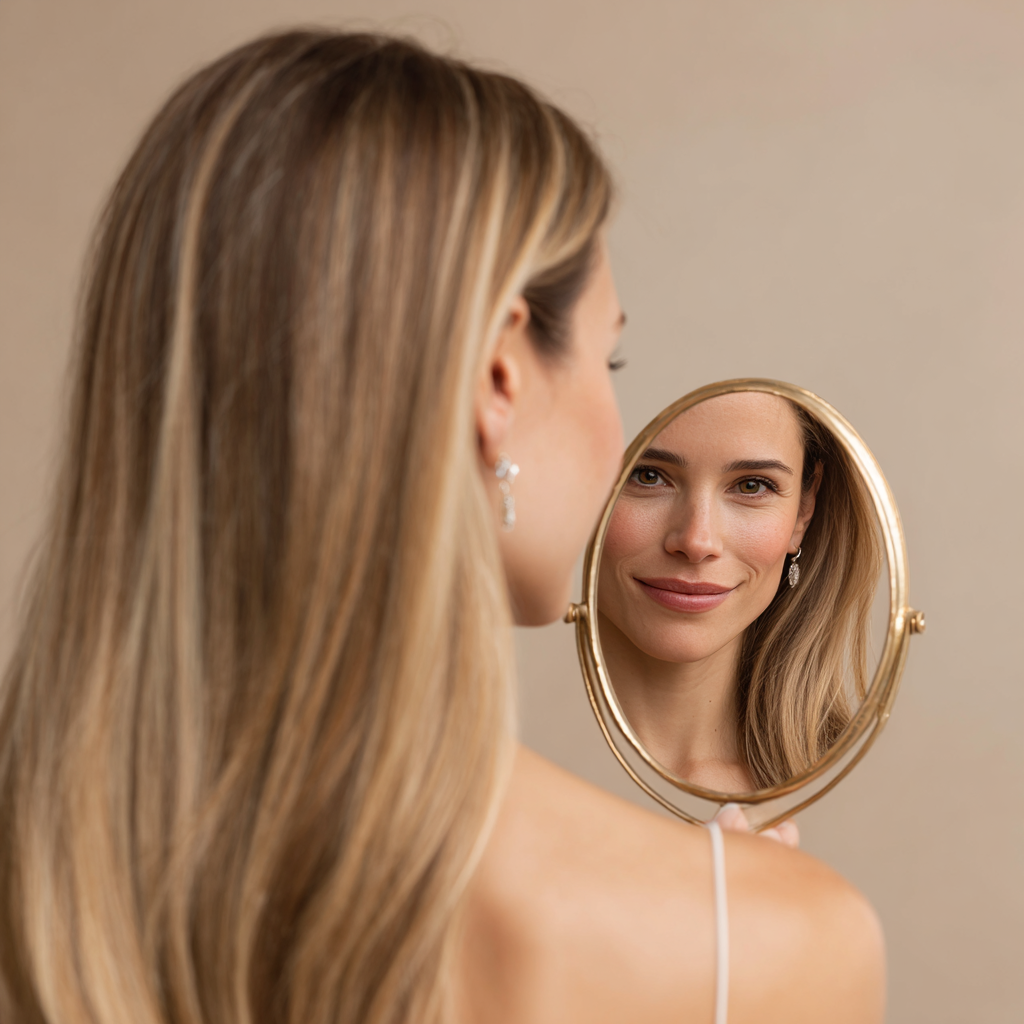 Woman looking at herself in a handheld mirror with a beige background