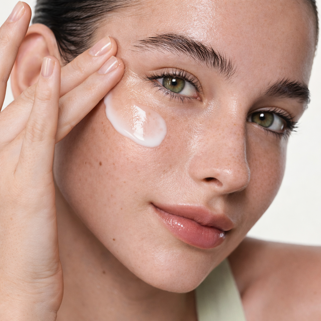 Woman applying face peptide serum to her face with a neutral background