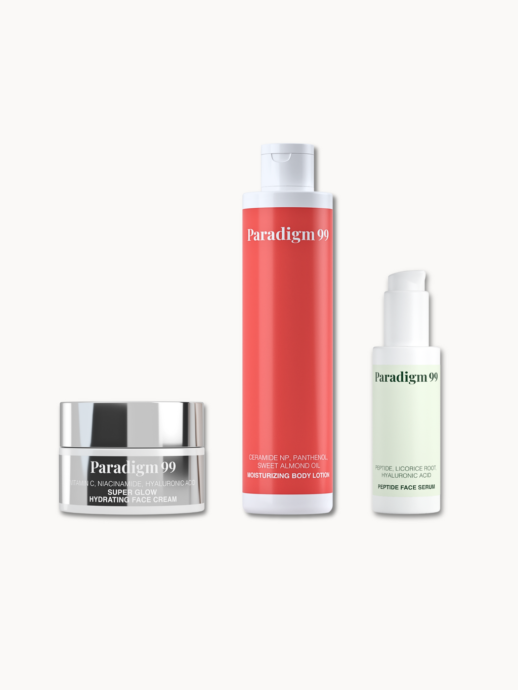 Paradigm 99 skincare products including body ceramide cream, super glow hydrating and moisturizing cream and peptide serum on a white background.