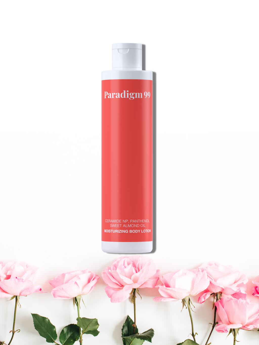 Red bottle labeled 'Paradigm 99' with pink roses on a white background.