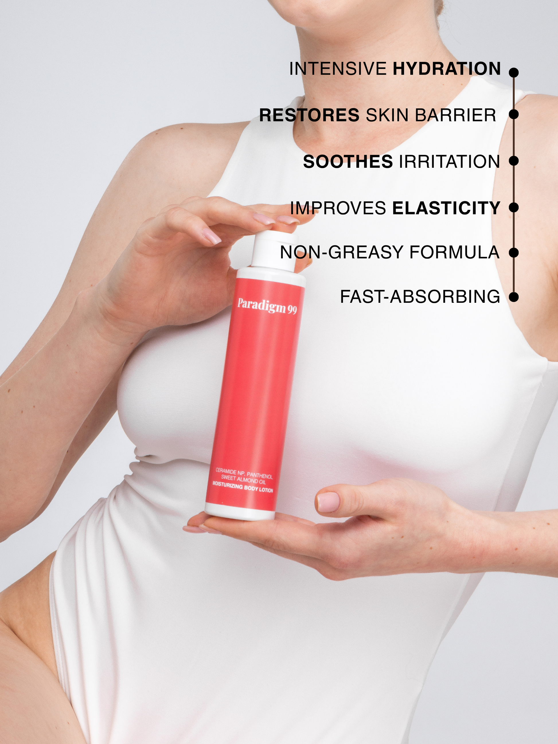 Woman holding a red and white bottle of moisturizing body lotion "Paradigm 99" with text about skincare benefits on a light gray background. Features and Benefits: intensive hydration, restores skin barrier, soothes irritation, improves elasticity, non-greasy formula, fast-absorbing. 