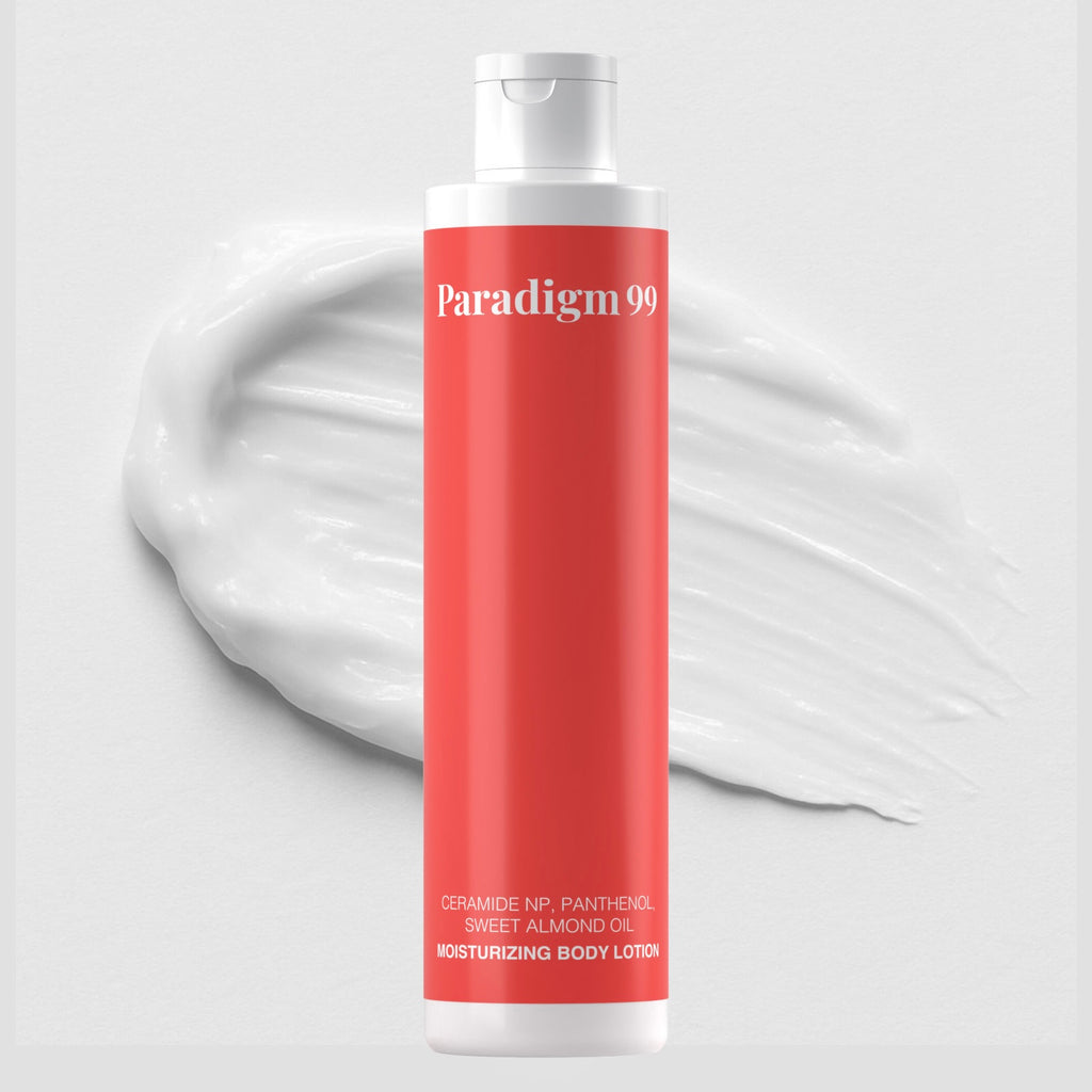 Paradigm 99 moisturizing body lotion bottle on a white background with swatch. 