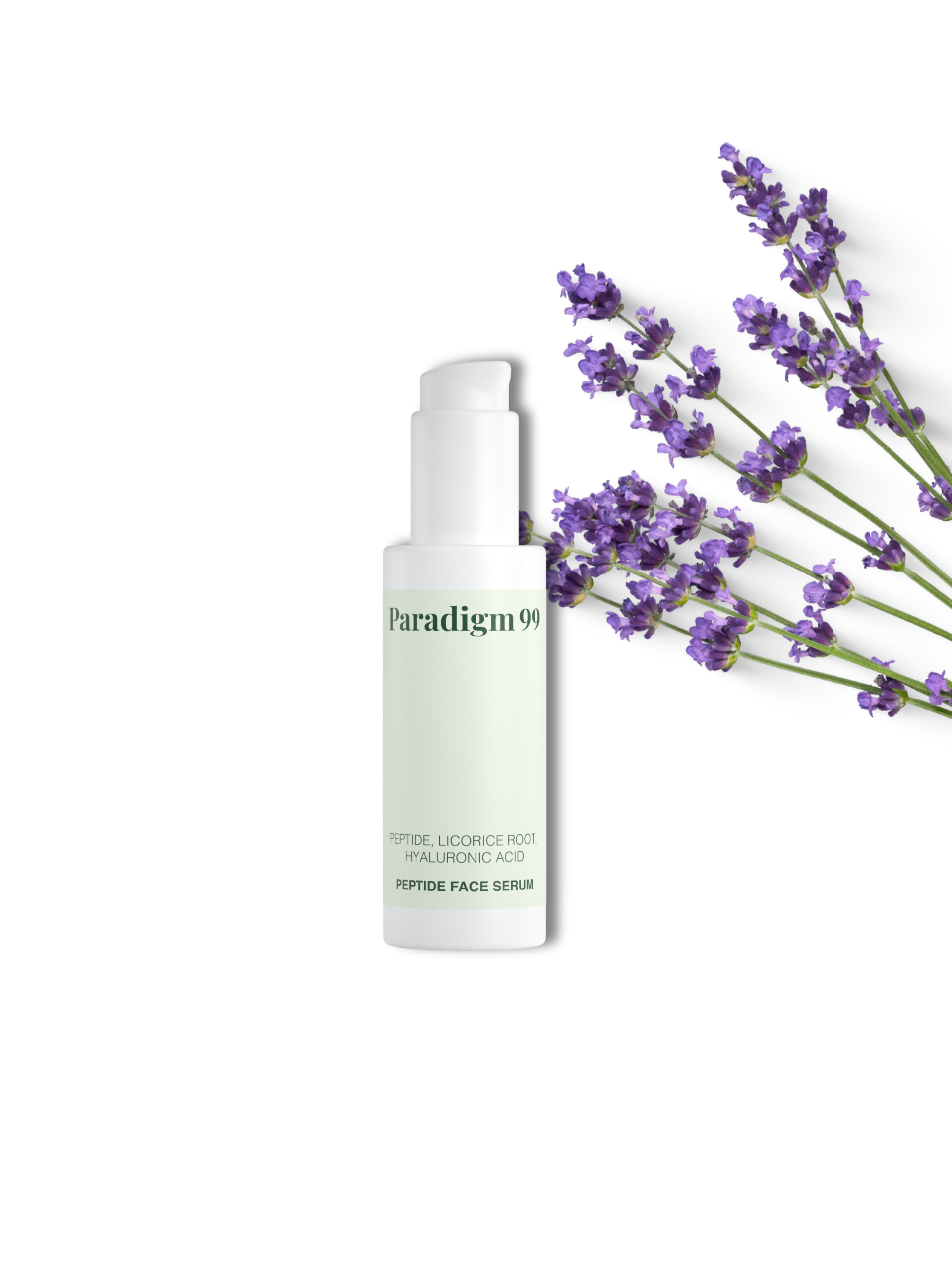 Paradigm99 skincare Peptide face serum bottle with lavender flowers on a white background