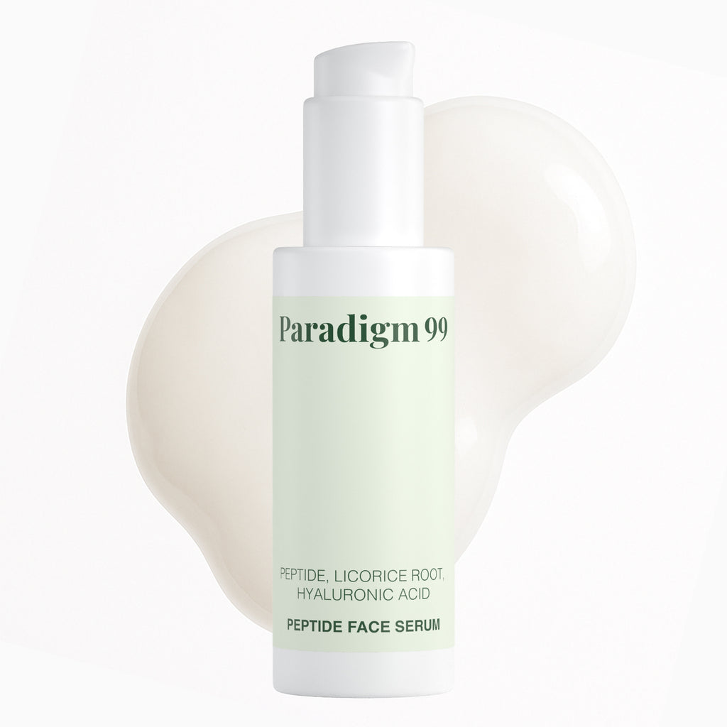 Bottle of Paradigm 99 peptide face serum with milky cream swatches on white background