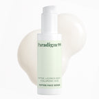 Bottle of Paradigm 99 peptide face serum with milky cream swatches on white background