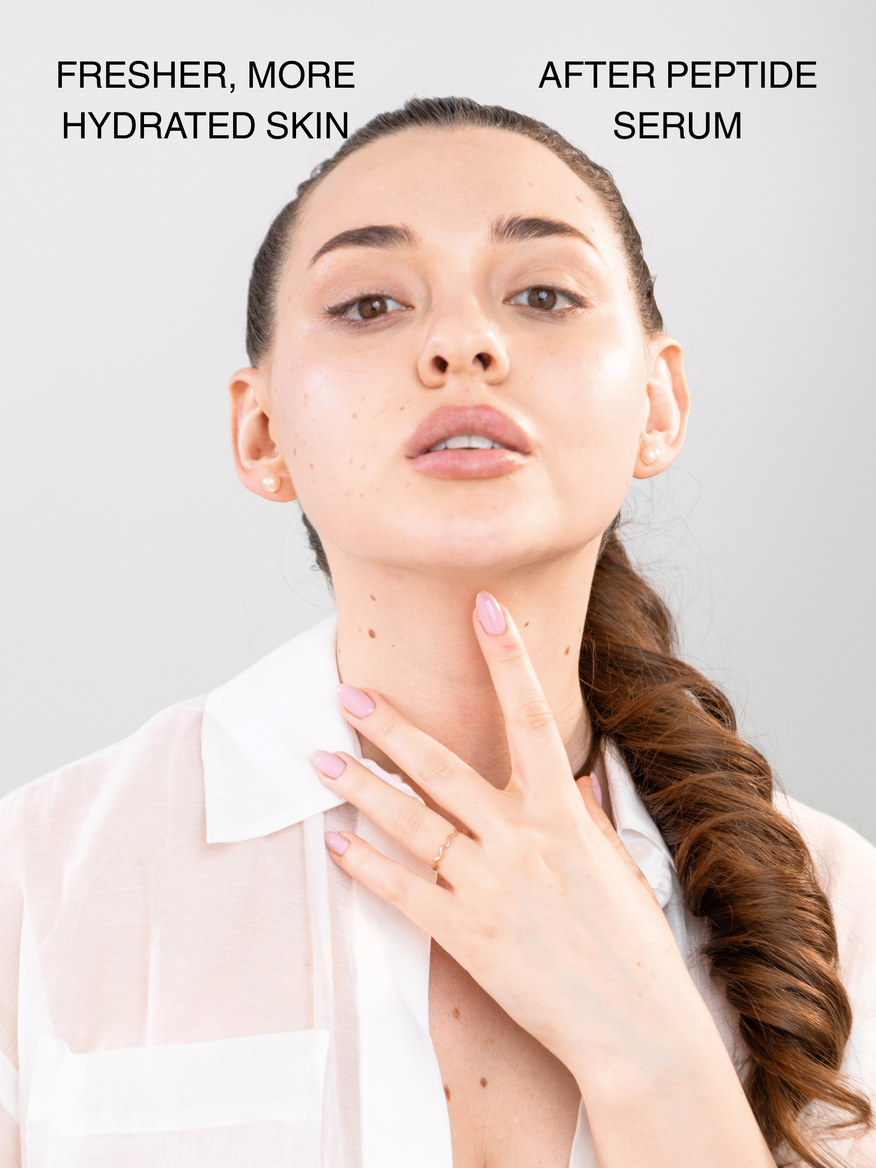 Woman with text indicating 'Fresher, more hydrated skin' and 'After Peptide Serum', brand Paradigm 99 on a plain background.