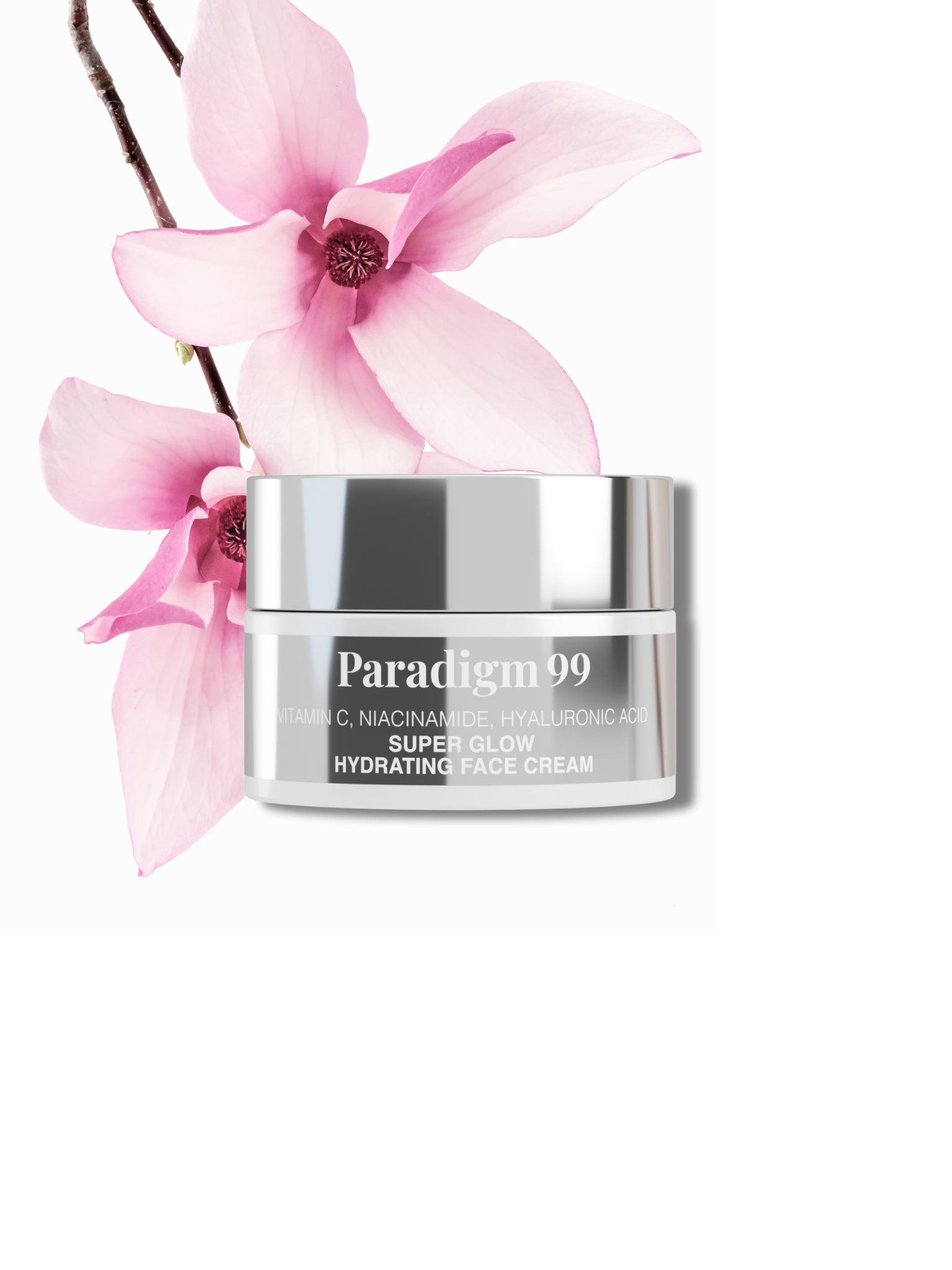Paradigm 99 skincare Super Glow Hydrating cream jar with pink magnolia flowers on a white background.