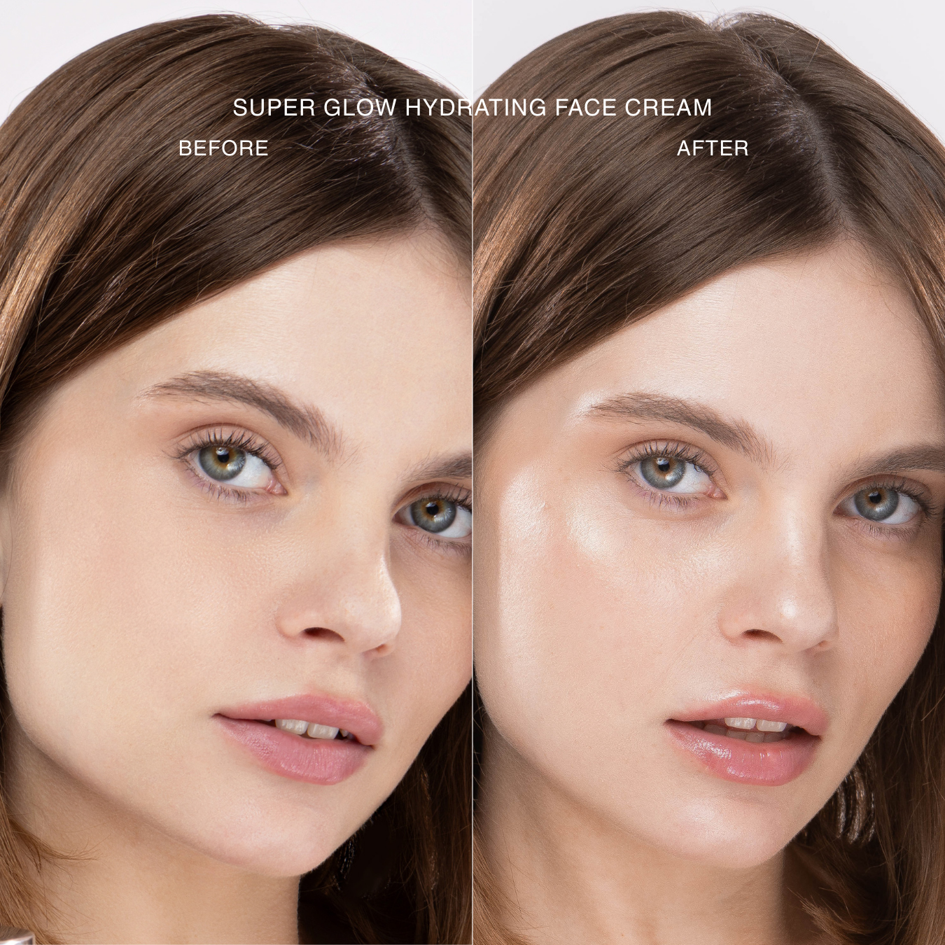 Before and after comparison of a woman's face with Super Glow Hydrating Face Cream.